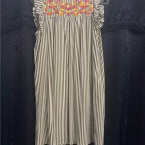 JODIFL women’s Dress with  gray Stripes and Colorful Embroidery